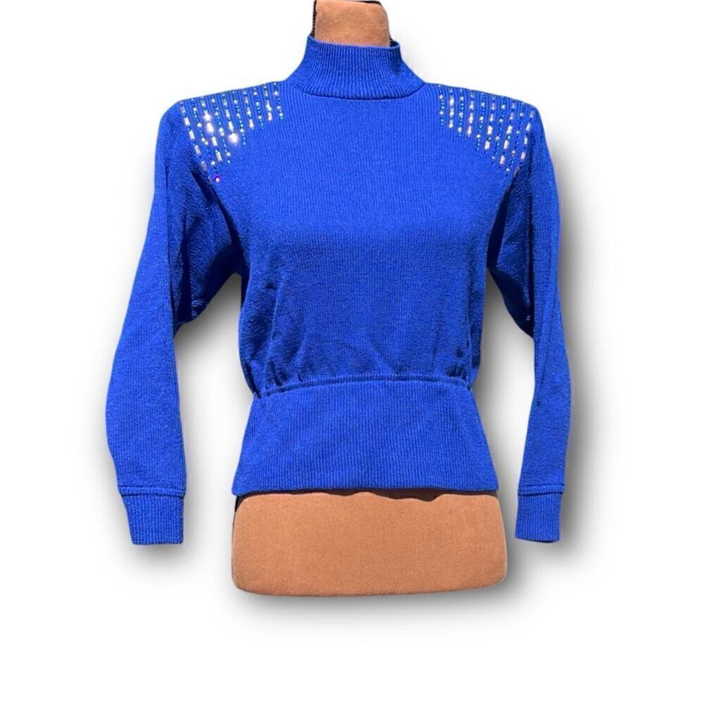 St. John Vintage Bedazzled Mock Turtleneck Sweater with Shoulder Pads, Women’s 2
